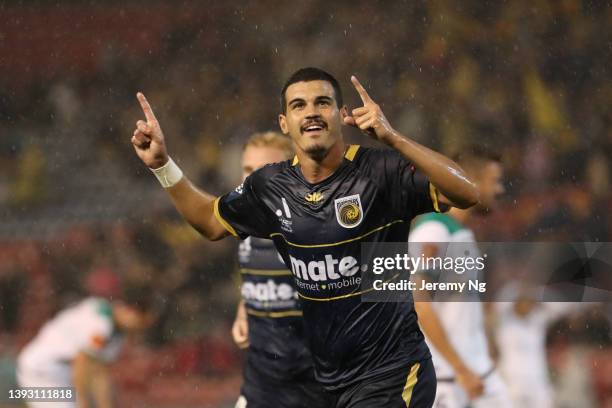 Matheus Celestino Moresche Rodrigues of the Mariners celebrates scoring a goal during the A-League Mens match between Newcastle Jets and Central...