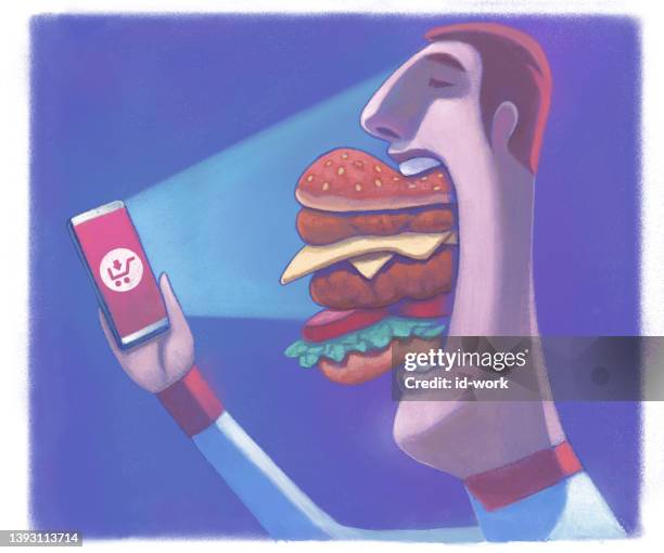 nerd eating hamburger and looking at smartphone - gentlemen art lunch stock illustrations