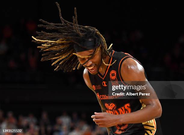 Tahjere McCall of the Taipans celebrates during the round 21 NBL match between Cairns Taipans and Brisbane Bullets at Cairns Convention Centre on...