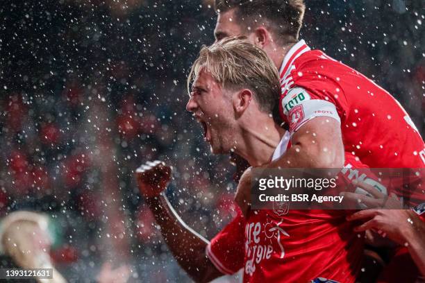 Michel Vlap of FC Twente celebrates after scoring his teams second goal during the Dutch Eredivisie match between FC Twente and Sparta Rotterdam at...