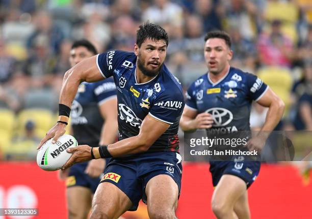 Jordan McLean of the Cowboys passes the ball during the round seven NRL match between the North Queensland Cowboys and the Gold Coast Titans at Qld...