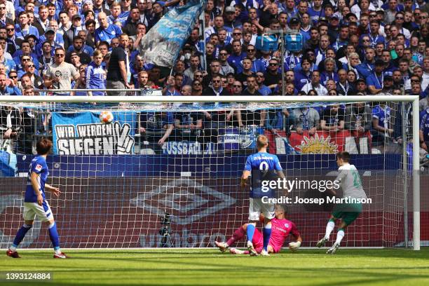 Ilia Gruev of Werder Bremen scores their team's first goal during the Second Bundesliga match between FC Schalke 04 and SV Werder Bremen at Veltins...