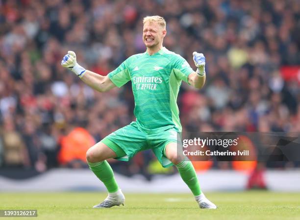 Aaron Ramsdale celebrates after teammate Bukayo Saka of Arsenal scored their sides second goal from the penalty spot during the Premier League match...