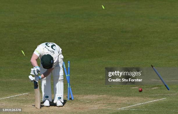 Notts batsman Tom Moores is bowled by Ben Raine during day three of the LV= Insurance County Championship match between Durham and Nottinghamshire at...