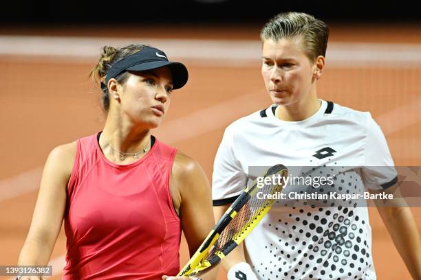 Desirae Krawczyk of United States interacts with Demi Schuurs of Netherlands in their doubles semi-final match against Cristina Bucsa of Spain and...