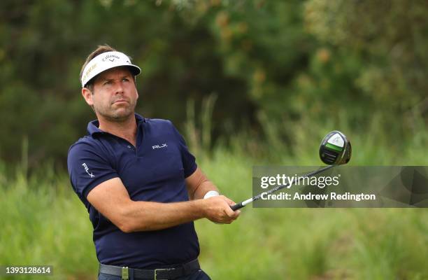 Robert Rock of England tees off on the first hole during Day Three of the ISPS Handa Championship at Lakes Course, Infinitum on April 23, 2022 in...