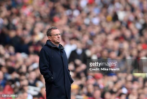 Ralf Rangnick, Interim Manager of Manchester United looks on during the Premier League match between Arsenal and Manchester United at Emirates...