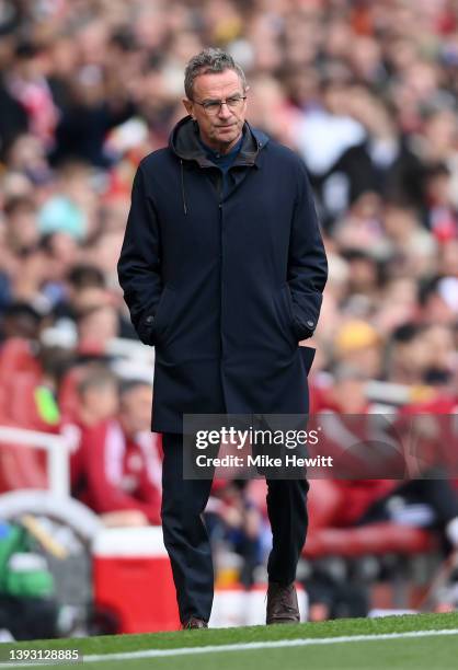 Ralf Rangnick, Interim Manager of Manchester United looks on during the Premier League match between Arsenal and Manchester United at Emirates...