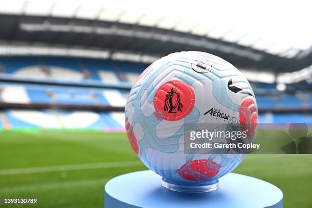 Detailed view of the Nike Flight match ball prior to the Premier League match between Manchester City and Watford at Etihad Stadium on April 23, 2022...