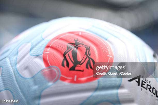 Detailed view of the Nike Flight match ball prior to the Premier League match between Manchester City and Watford at Etihad Stadium on April 23, 2022...