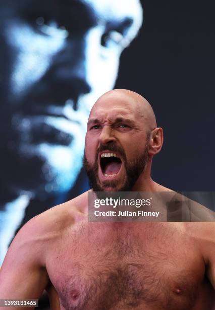 Tyson Fury of Great Britain reacts during the weigh-in ahead of the heavyweight boxing match between Tyson Fury and Dillian Whyte at BOXPARK on April...