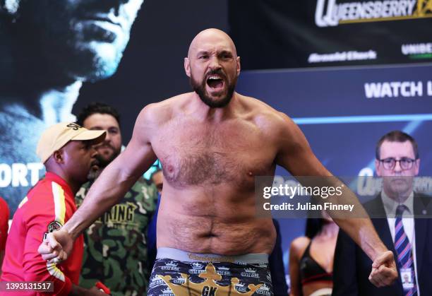 Tyson Fury of Great Britain reacts during the weigh-in ahead of the heavyweight boxing match between Tyson Fury and Dillian Whyte at BOXPARK on April...