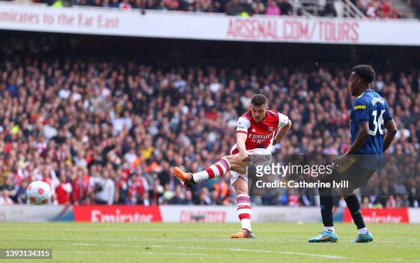 Granit Xhaka of Arsenal scores their side's third goal during the Premier League match between Arsenal and Manchester United at Emirates Stadium on...