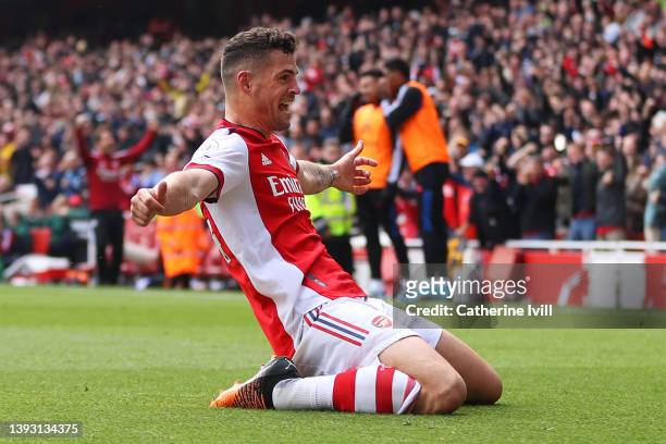 Granit Xhaka of Arsenal celebrates after scoring their side's third goal during the Premier League match between Arsenal and Manchester United at...