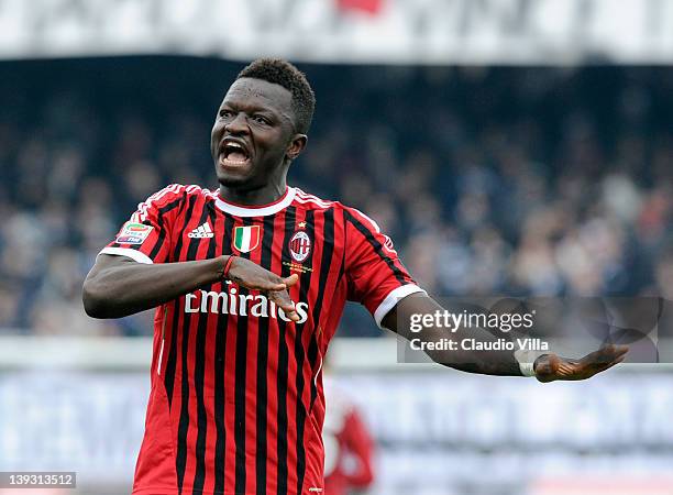 Sulley Muntari of AC Milan celebrates scoring the opening goal during the Serie A match between AC Cesena and AC Milan at Dino Manuzzi Stadium on...