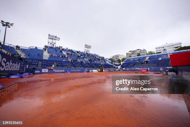General view of Pista Rafa Nadal as play is suspended due to rain during day six of Barcelona Open Banc Sabadell 2022 at Real Club De Tenis Barcelona...