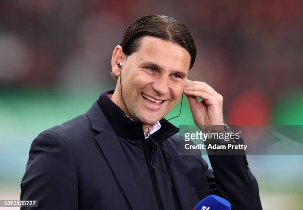 Gerardo Seoane, Head Coach of Bayer 04 Leverkusen speaks to the media prior to the Bundesliga match between SpVgg Greuther Fuerth and Bayer 04...