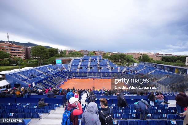 General view of Pista Rafa Nadal as play is suspended due to rain during day six of Barcelona Open Banc Sabadell 2022 at Real Club De Tenis Barcelona...