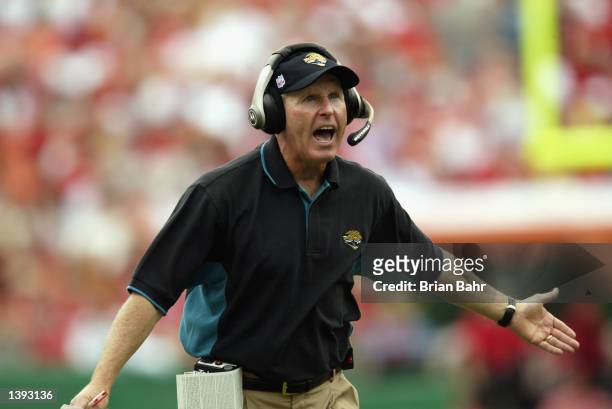 Head coach Tom Coughlin of the Jacksonville Jaguars yells at the referees as they forget to move the ball after calling a penalty against the Kansas...