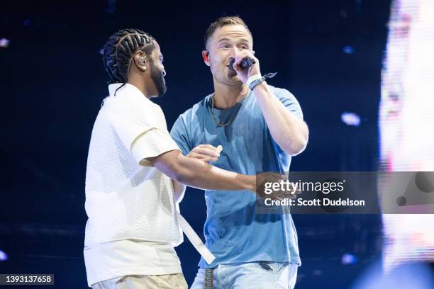 Singers Big Sean and Mike Posner perform in the Sahara Tent during Day 1, Week 2 of Coachella Valley Music and Arts Festival on April 22, 2022 in...