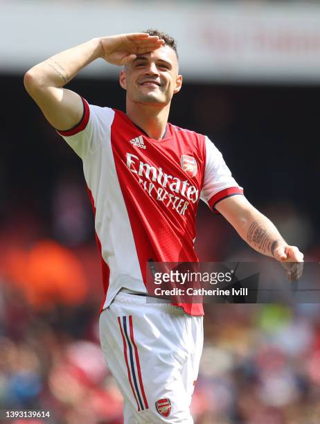 Granit Xhaka of Arsenal acknowledges the fans after the Premier League match between Arsenal and Manchester United at Emirates Stadium on April 23,...