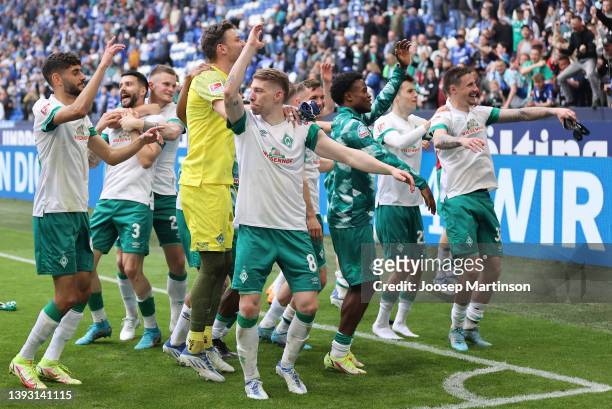 Players of SV Werder Bremen celebrate following their side's victory in the Second Bundesliga match between FC Schalke 04 and SV Werder Bremen at...
