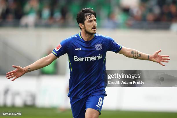 Sardar Azmoun of Bayer 04 Leverkusen celebrates after scoring their team's second goal during the Bundesliga match between SpVgg Greuther Fuerth and...