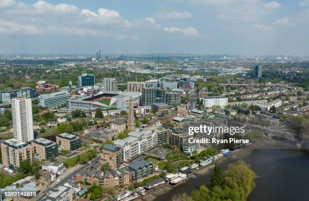 An aerial view of Brentford prior to the Premier League match between Brentford and Tottenham Hotspur at Brentford Community Stadium on April 23,...