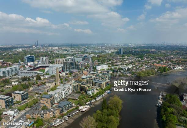 An aerial view of Brentford prior to the Premier League match between Brentford and Tottenham Hotspur at Brentford Community Stadium on April 23,...