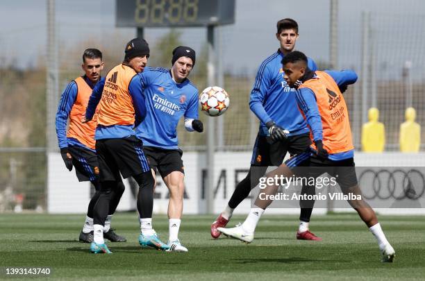 Real Madrid squad are training at Valdebebas training ground on April 23, 2022 in Madrid, Spain.