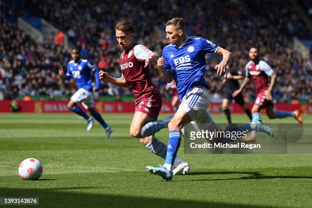Matty Cash of Aston Villa challenges lei2during the Premier League match between Leicester City and Aston Villa at The King Power Stadium on April...