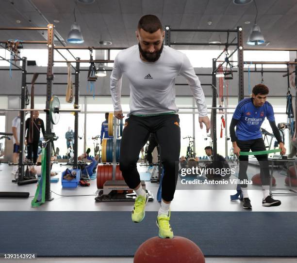 Karim Benzema and Jesús Vallejo players of Real Madrid are training at Valdebebas training ground on April 23, 2022 in Madrid, Spain.