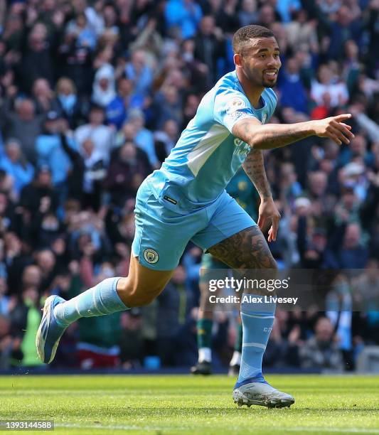 Gabriel Jesus of Manchester City celebrates after scoring their team's first goal during the Premier League match between Manchester City and Watford...