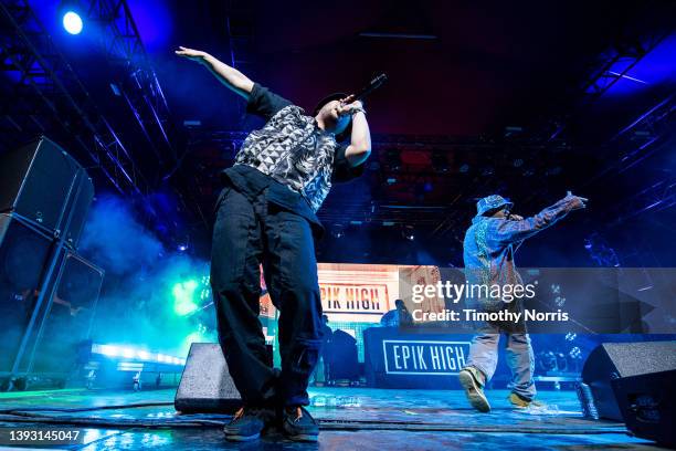 Mithra Jin, DJ Tukutz, and Tablo of Epik High perform at the 2022 Coachella Valley Music And Arts Festival on April 22, 2022 in Indio, California.
