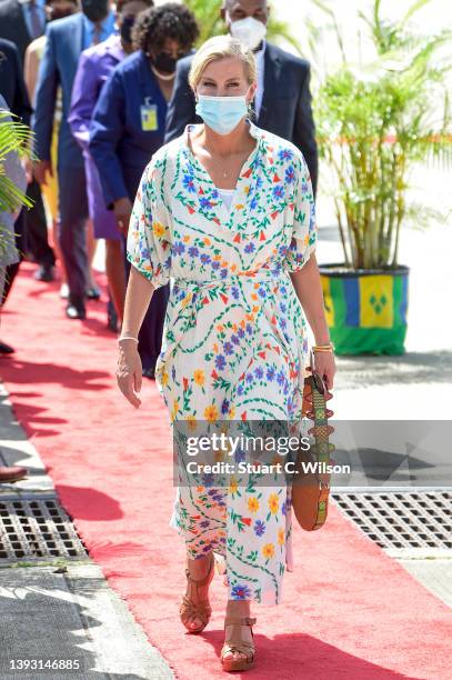 Sophie, Countess of Wessex arrives at Argyle International Airport on April 23, 2022 in Argyle, Saint Vincent and The Grenadines. The Earl and...