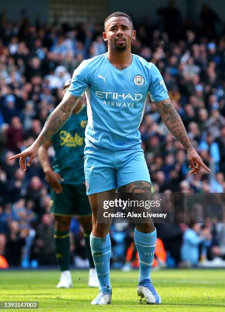 Gabriel Jesus of Manchester City celebrates after scoring their team's second goal during the Premier League match between Manchester City and...