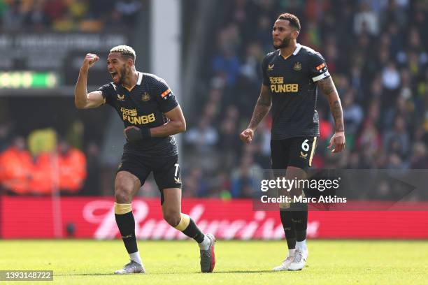 Joelinton of Newcastle United celebrates after scoring their side's first goal during the Premier League match between Norwich City and Newcastle...