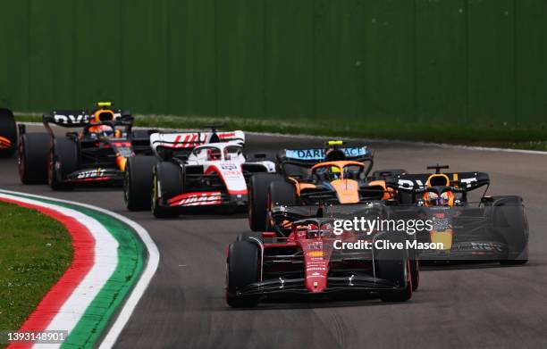 Charles Leclerc of Monaco driving the Ferrari F1-75 leads the field on the first lap during Sprint ahead of the F1 Grand Prix of Emilia Romagna at...