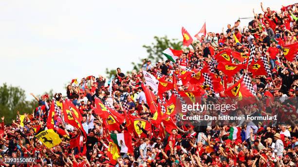 Ferrari fans show their support during Sprint ahead of the F1 Grand Prix of Emilia Romagna at Autodromo Enzo e Dino Ferrari on April 23, 2022 in...