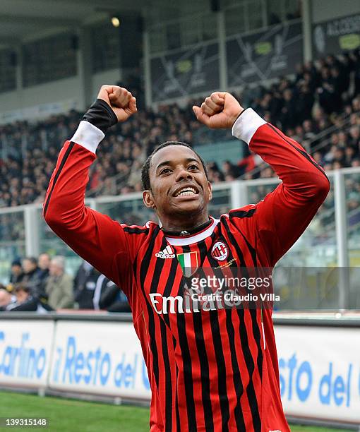 Robinho of AC Milan celebrates their virctory after the Serie A match between AC Cesena and AC Milan at Dino Manuzzi Stadium on February 19, 2012 in...