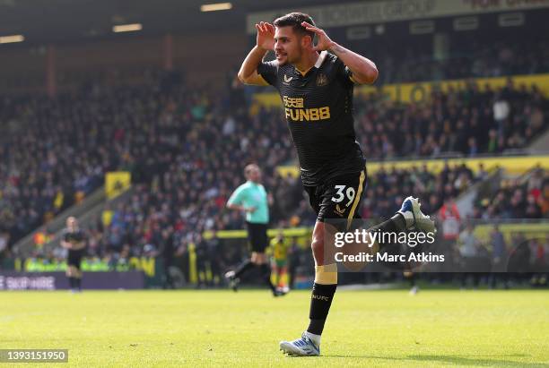 Bruno Guimaraes of Newcastle United celebrates after scoring their side's third goal during the Premier League match between Norwich City and...