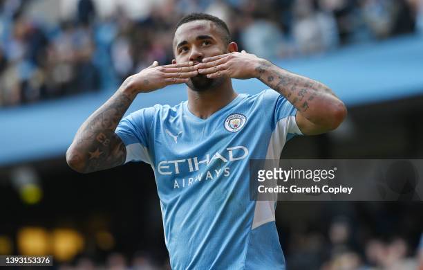 Gabriel Jesus of Manchester City celebrates after scoring their team's fifth goal during the Premier League match between Manchester City and Watford...