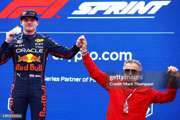 Sprint winner Max Verstappen of the Netherlands and Oracle Red Bull Racing celebrates with Jean Alesi during Sprint ahead of the F1 Grand Prix of...
