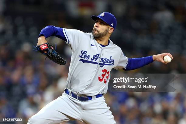 David Price of the Los Angeles Dodgers pitches during a game \apat PETCO Park on April 22, 2022 in San Diego, California.