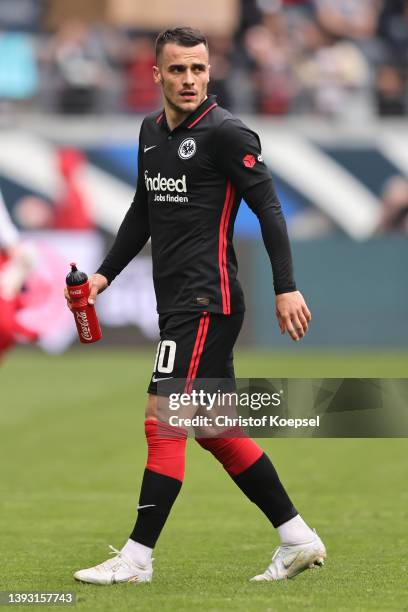 Filip Kostic of Frankfurt reacts after the 2-2 draw of the Bundesliga match between Eintracht Frankfurt and TSG Hoffenheim at Deutsche Bank Park on...