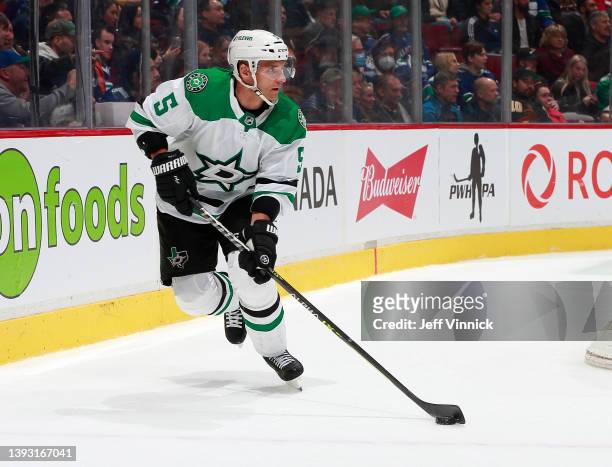 Andrej Sekera of the Dallas Stars skates up ice during their NHL game against the Vancouver Canucks at Rogers Arena April 18, 2022 in Vancouver,...