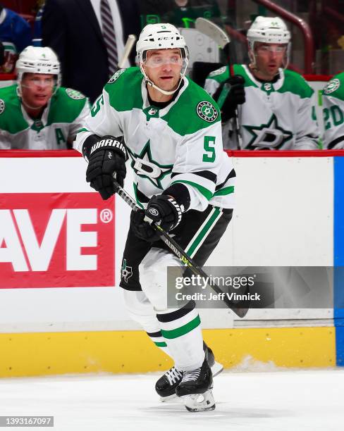 Andrej Sekera of the Dallas Stars skates up ice during their NHL game against the Vancouver Canucks at Rogers Arena April 18, 2022 in Vancouver,...