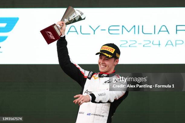 Race winner Marcus Armstrong of New Zealand and Hitech Grand Prix celebrates on the podium during the Round 3:Imola Sprint race of the Formula 2...