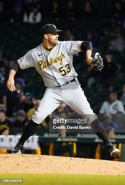 Heath Hembree of the Pittsburgh Pirates pitches against the Chicago Cubs at Wrigley Field on April 22, 2022 in Chicago, Illinois.