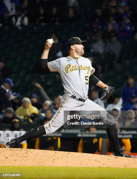 Heath Hembree of the Pittsburgh Pirates pitches against the Chicago Cubs at Wrigley Field on April 22, 2022 in Chicago, Illinois.